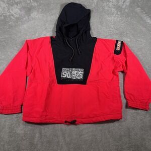 Vintage T&C Surf Jacket Boys Small Red Black Anorak Hooded Half Zip 90s Made USA